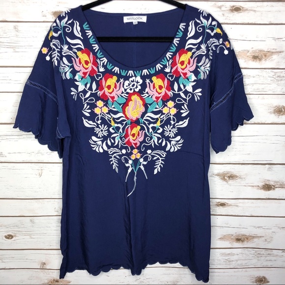 MISSLOOK Tops - Misslook navy blue embroidered boho top 3XL